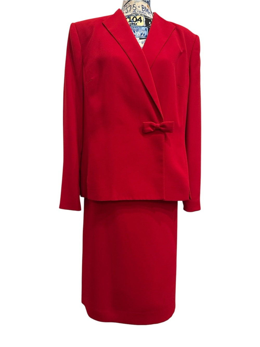 Jones Wear Bright Red Pencil Skirt Suit with Bow Detail